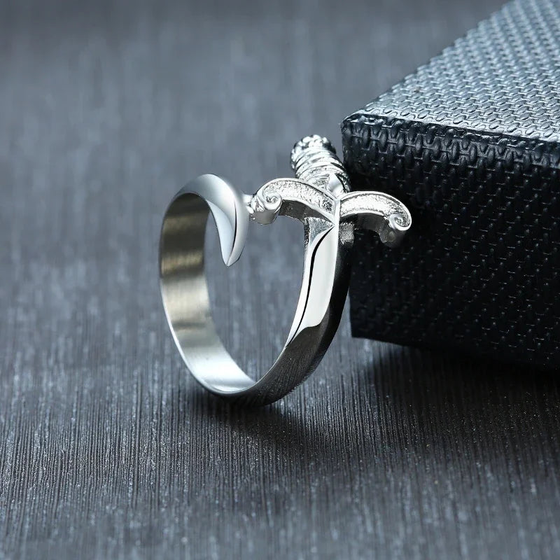 Punk Neo Gothic Design Dagger Ring for Men and Women Creative Silver Color Curved Sword Ring Opening Adjustable Size
