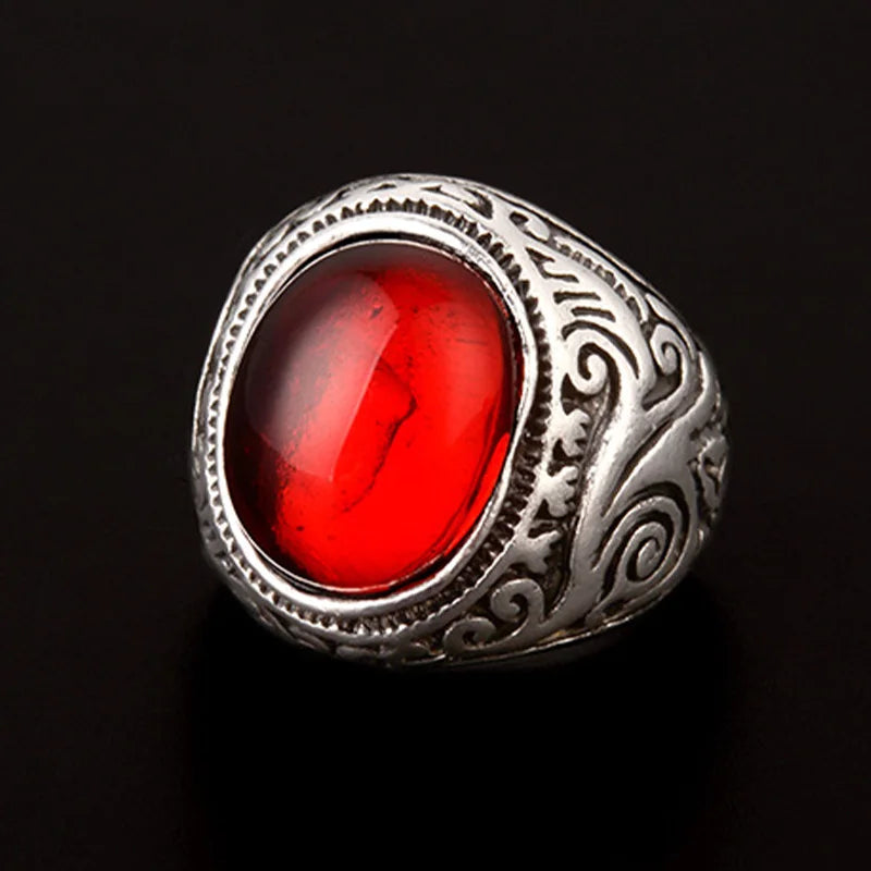 Retro Resin Gem Engraving Flower Pattern Ring For Men Punk Gothic Zinc Alloy Ring Designer Jewelry Unisex Accessories
