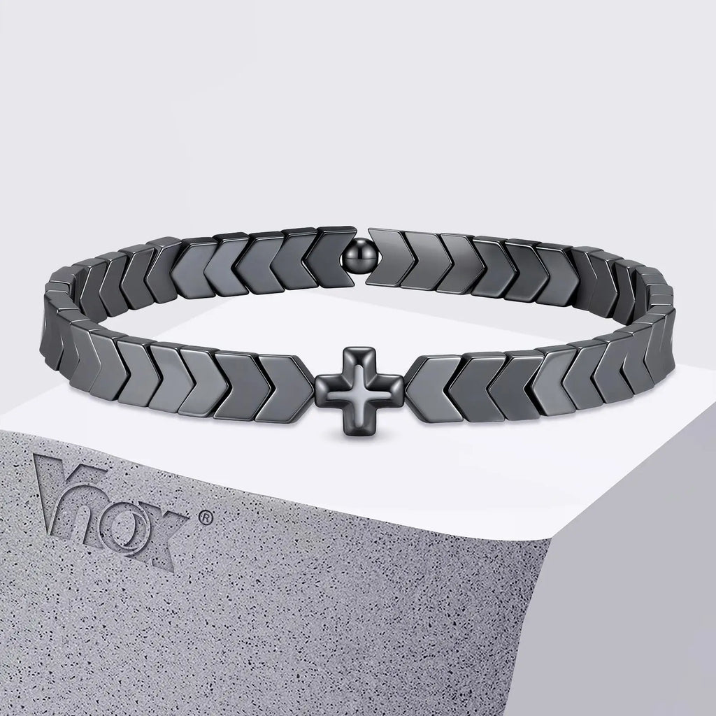 Vnox Cross Beaded Bracelet for Men Him, Dark Gothic Chain Link Jewelry, Punk Religious Statement Gift for Dad Father