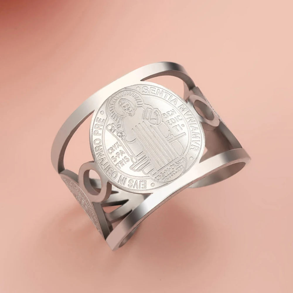 Solomon Seal & Saint Medal Amulet Ring — Stainless Steel