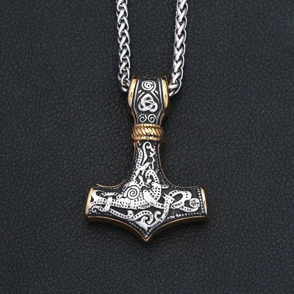 Vintage Stainless Steel Viking Thor's Hammer Pendant Necklace For Men Nordic Celtic Knot Necklace Fashion Jewelry Gift