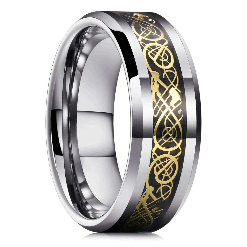 Fashion 8mm Stainless Steel Celtic Dragon Rings For Men Inlay Purple Carbon Fiber Rings Wedding Band Jewelry Birthday Gifts