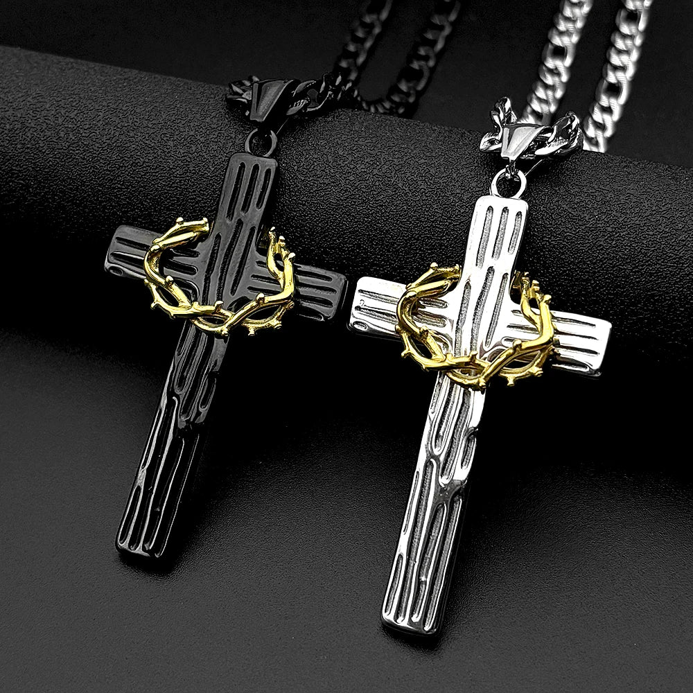Crown of Thorns Jesus Cross Pendant — Two-Tone