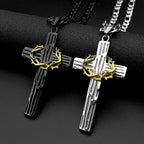 Hip Hop Two-Tone Crown of Thorns Jesus Cross Pendant Necklace for Men Stainless Steel Gold Silver Color Crucifix Chain Jewelry