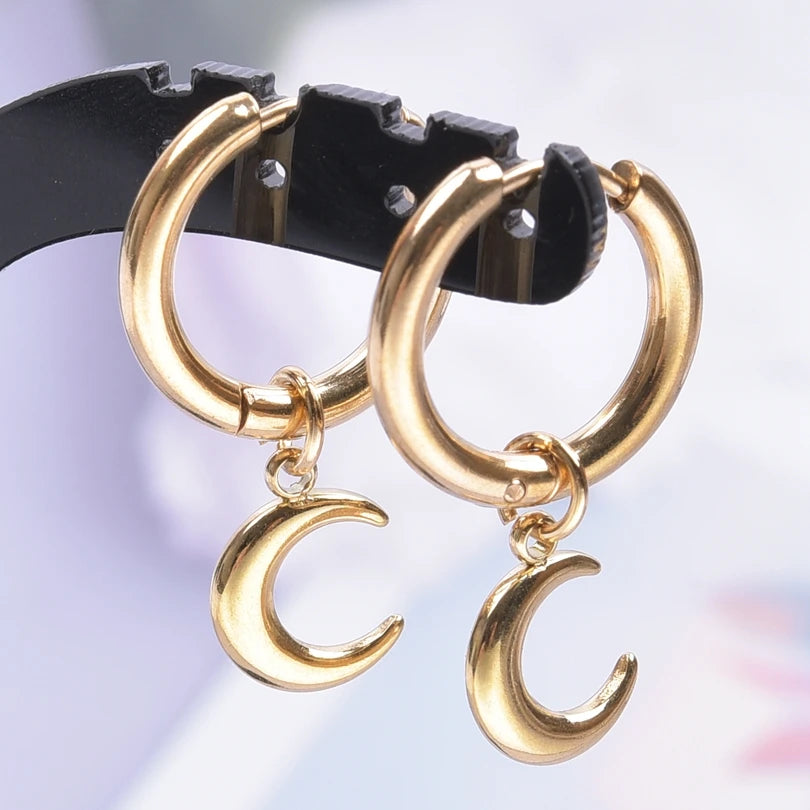Moon Dangle Huggie Hoop Earrings, Multi-Style — Stainless Steel