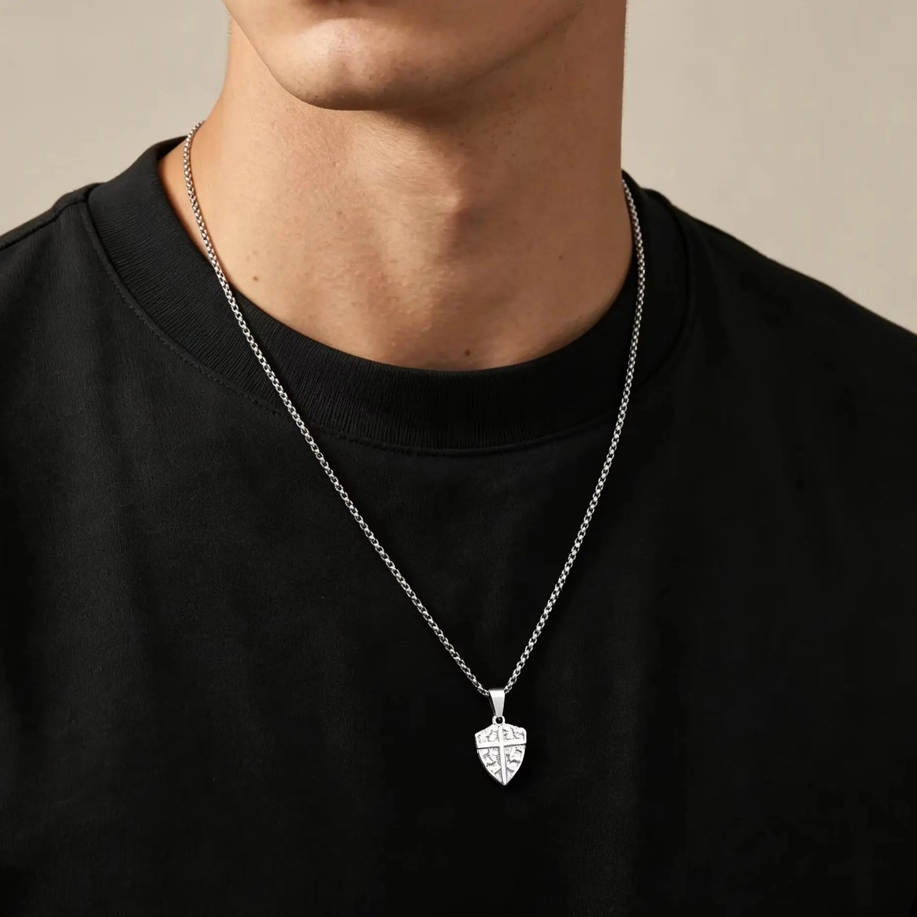 Men's Fashion Cross Shield Pendant Necklace, Waterproof Stainless Steel Punk Necklace with Box Chain, Retro Jewelry