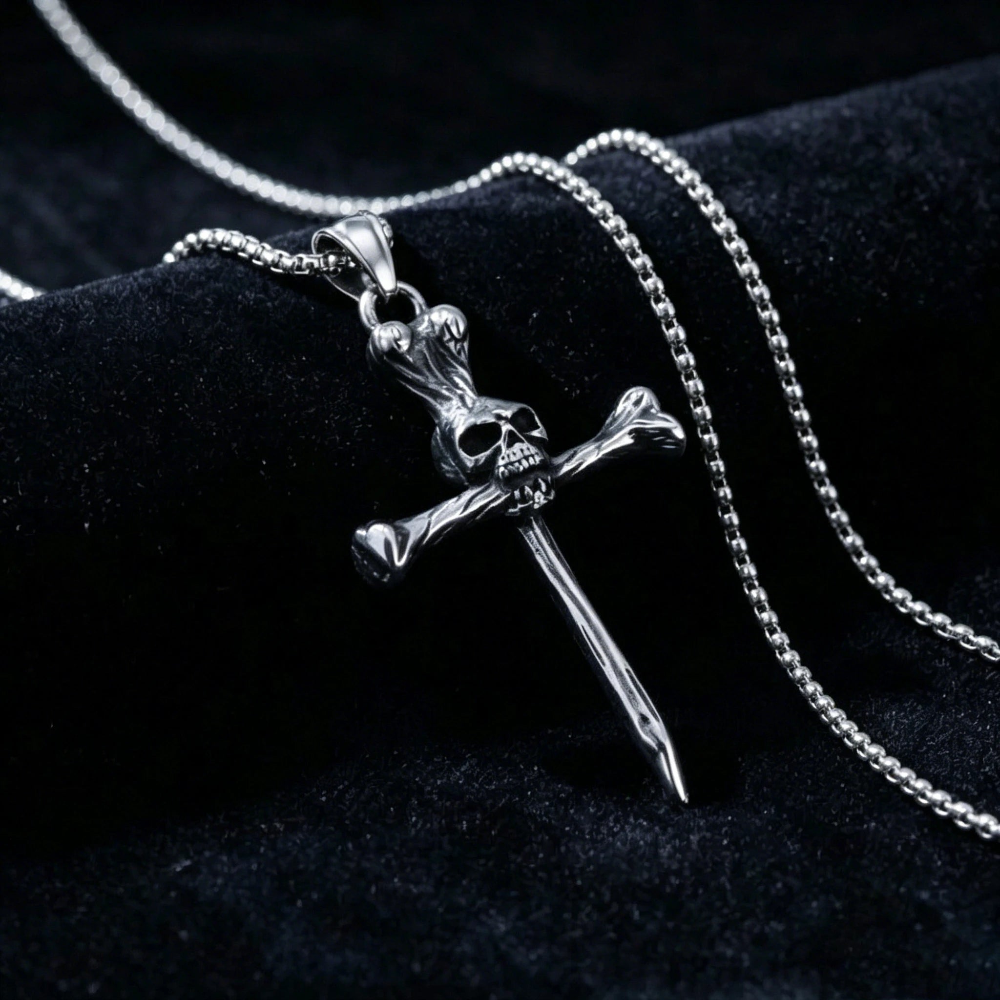 Silver Cross Skull Pendant Necklace Vintage