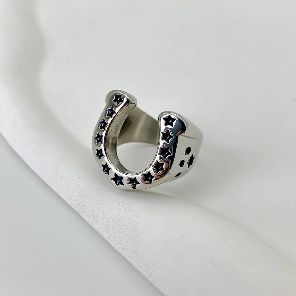EManco Horseshoe U-shaped Star Retro Stainless Steel Men's Rings Punk Hip Hop for Male Boyfriend Biker Jewelry Creativity Gift