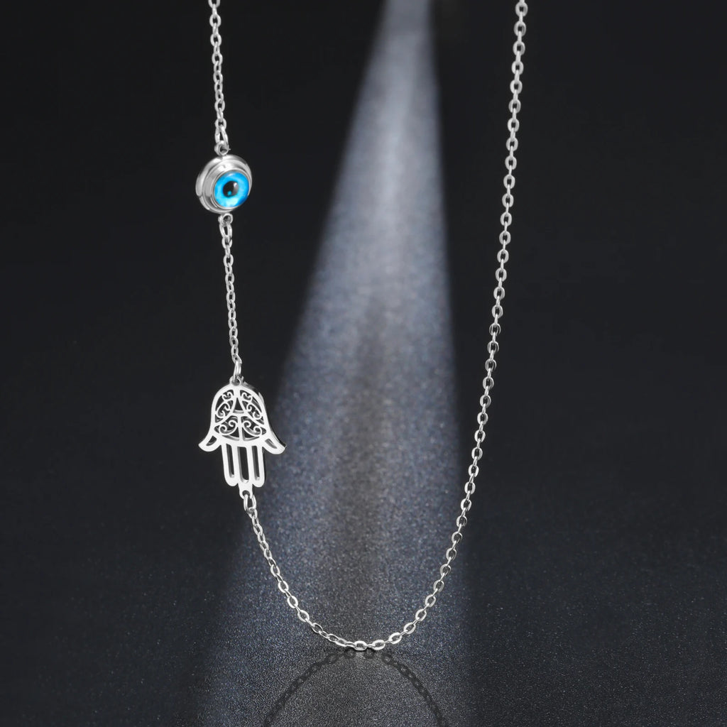 My Shape Turkish Hamsa Evil Eye Necklaces Stainless Steel Hollow Fatima Hand Chain Choker Fashion Lucky Jewelry
