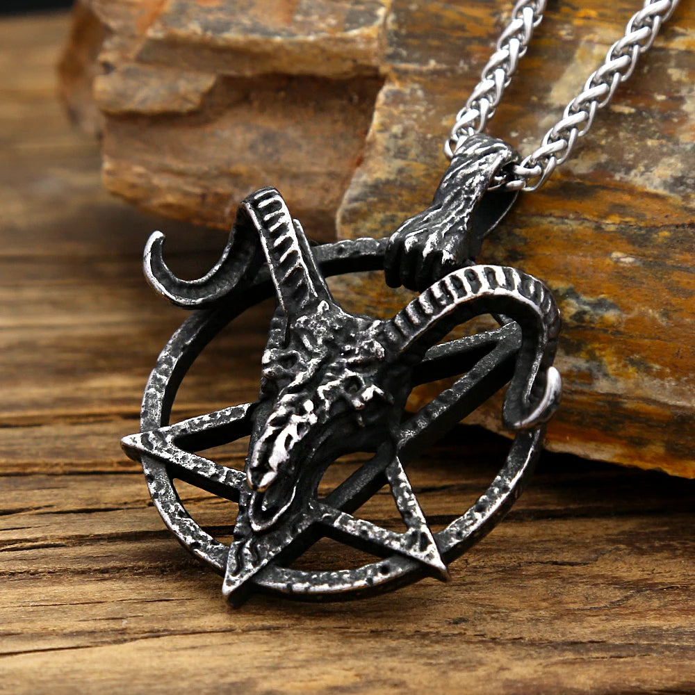 Gothic Punk Demon Sheep Skull Pendant Stainless Steel Pentagram Necklace For Men Women Unique Amulet Jewelry Gift