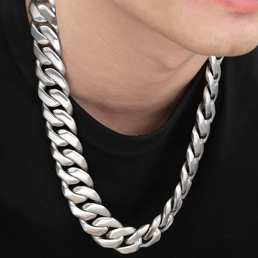 Men's 60CM Long 24MM Width Brushed Solid Stainless Steel Curb Cuban Link Chain Necklace for Men Male On Neck Jewelry