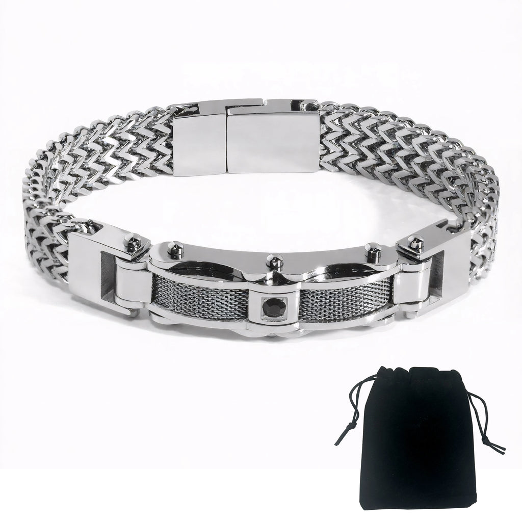 Punk Stainless Steel Bracelet 21 Cm Franco Link Chain Inlaid With Large-Grained Zircon Magnet Clasp