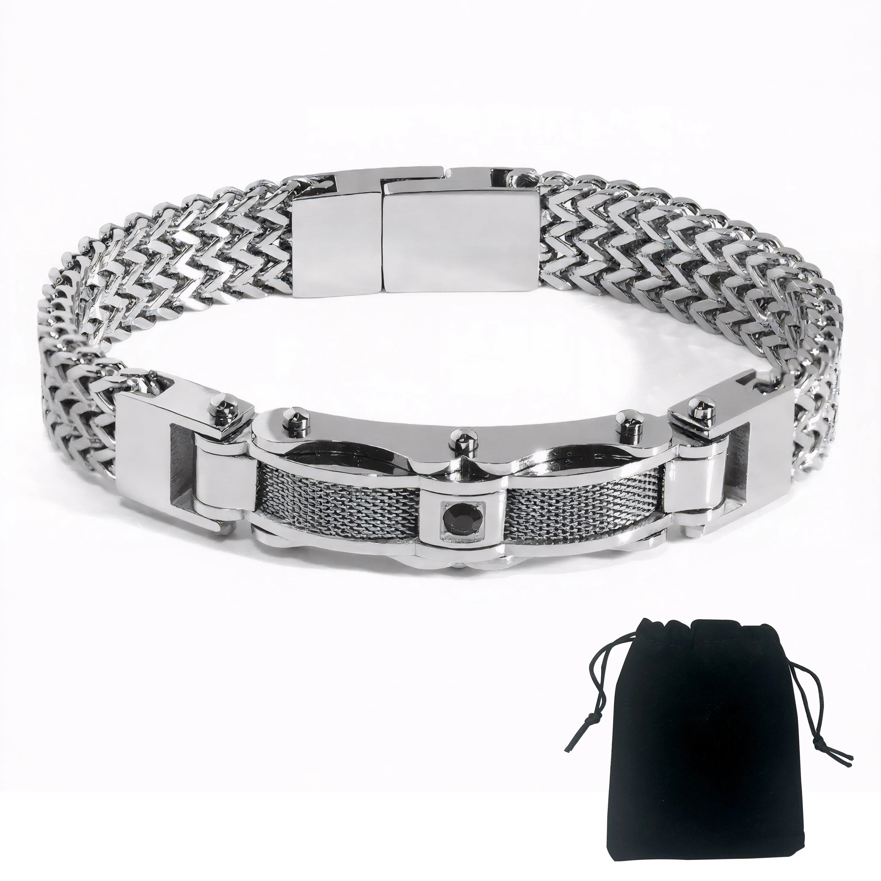 Punk Stainless Steel Bracelet 21 Cm Franco Link Chain Inlaid With Large-Grained Zircon Magnet Clasp