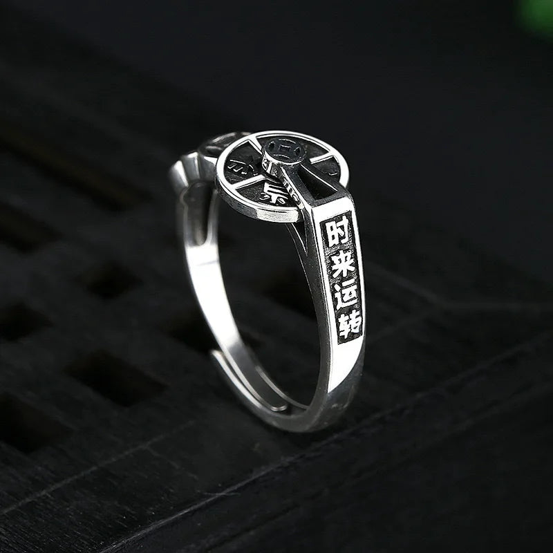 New Vintage Antique Coin Ring with Rotating Compass Design Open Adjustable Ring for Good Fortune Jewelry