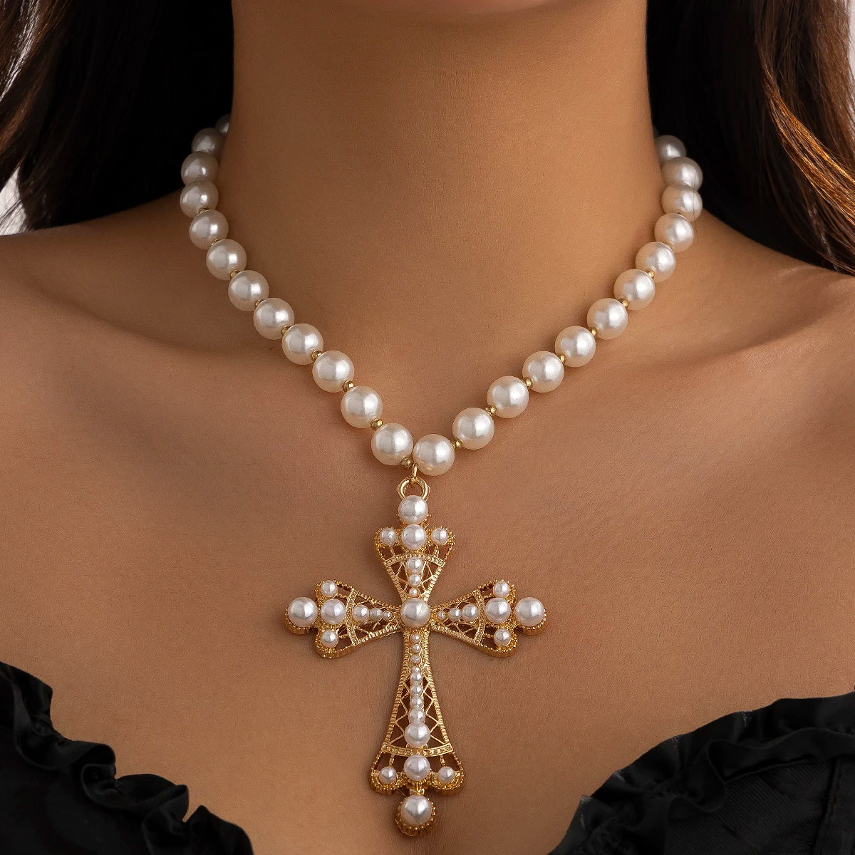 IngeSight.Z Trendy Goth Large Cross Pendant Necklace Elegant Charming Imitation Pearl Woman Choker Y2K Neck Jewelry