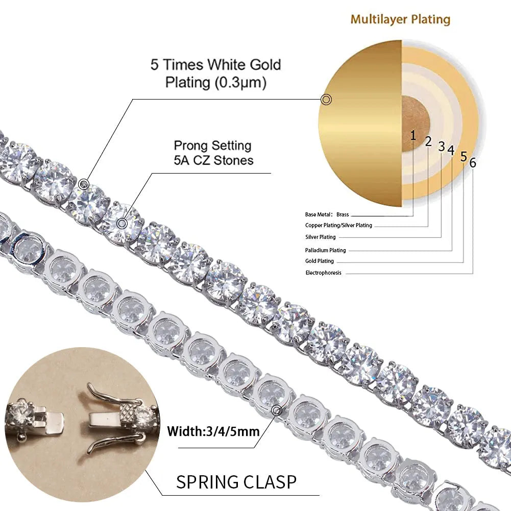 Tennis Chain Necklace for Men Women Iced Out Bling Necklace Prong-Setting 5A Cubic Zirconia Stones Fashion Jewelry