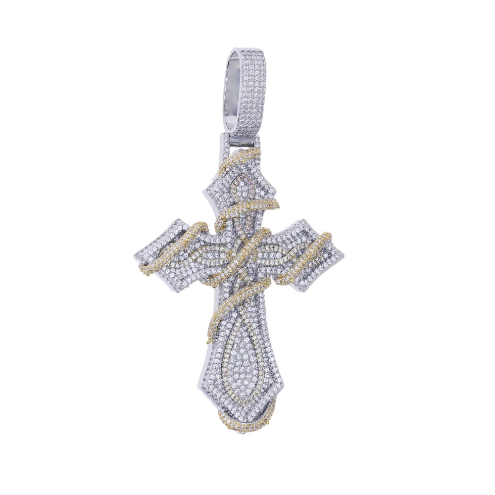 2026 New Iced Out Barbed Wire Wrapped Cross Pendant Necklace Silver Color Cubic Zirconia CZ Charm For Men Hip Hop