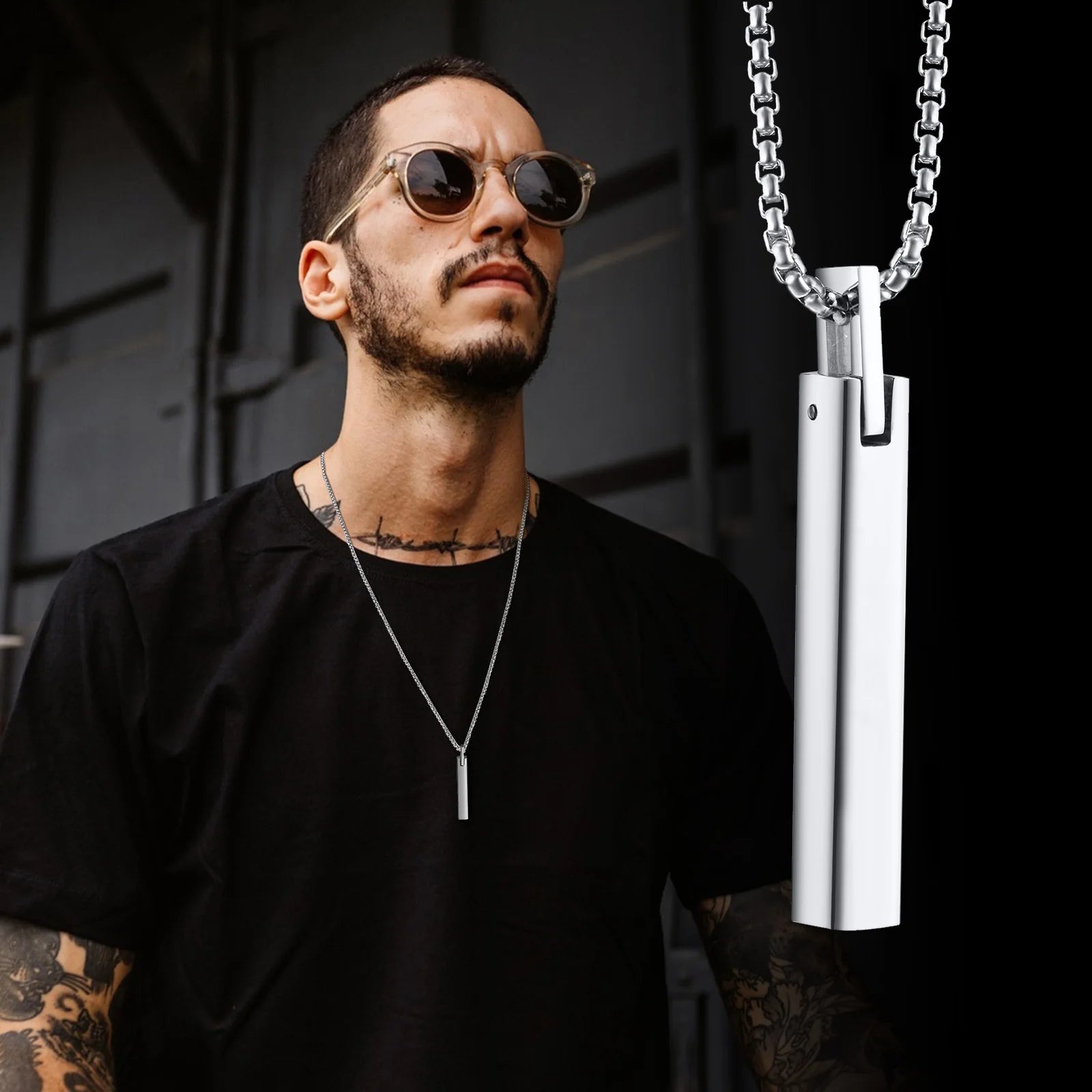 Vertical Bar Box Chain Pendant — Stainless