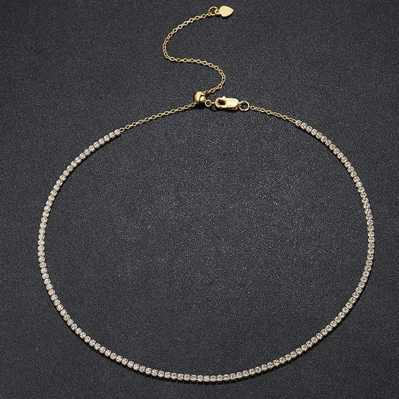 FEOBUR 2mm Moissanite Tennis Necklaces for Women S925 Silver Plated 18K Gold Adjustable Choker Full Diamond Neck Chain