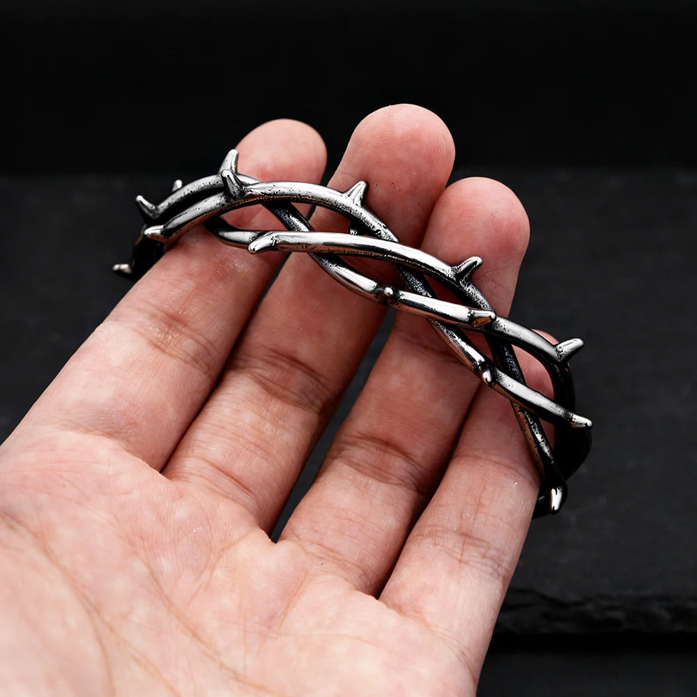 Vintage Gothic Thorn Open Cuff Bracelet For Men Women Stainless Steel Twisted Bangles Punk Rock Wrist Jewelry Fashion