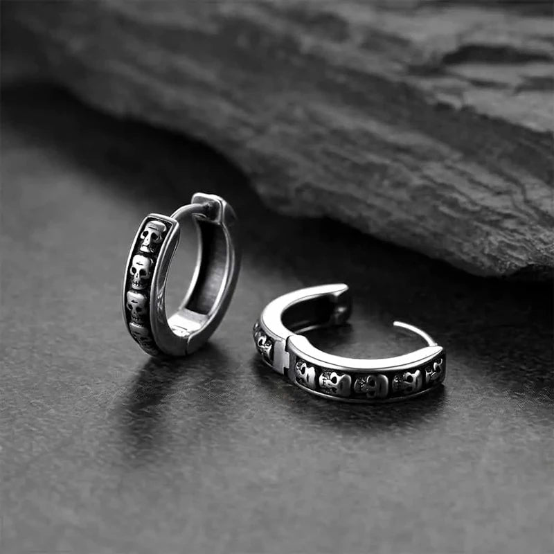 Antique Silver-Tone Skull Small Hoop Earrings — Copper Alloy