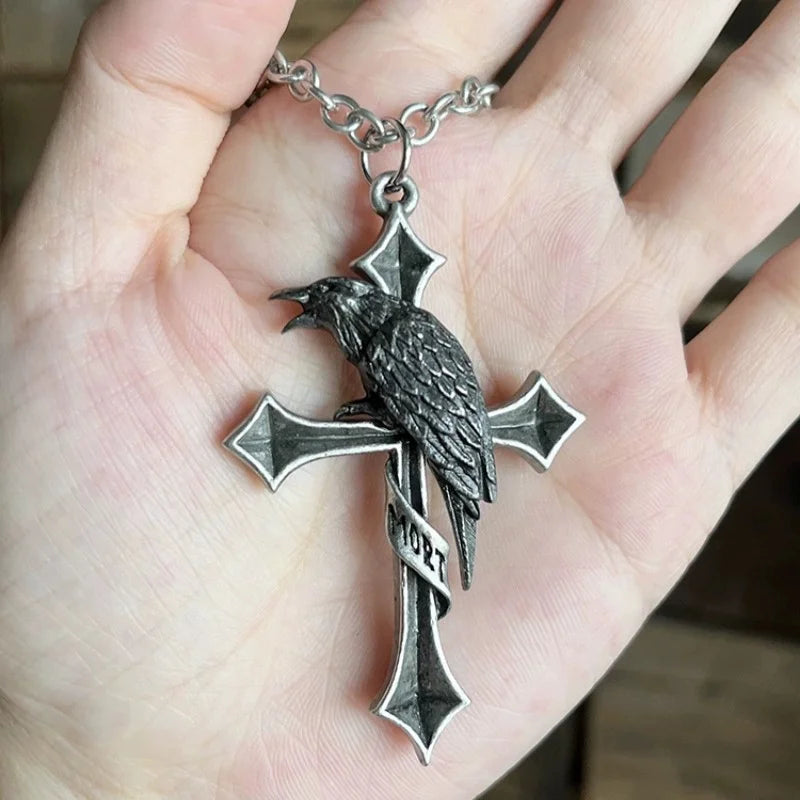 Gothic Crow Cross 925 Silver Pendant Necklace