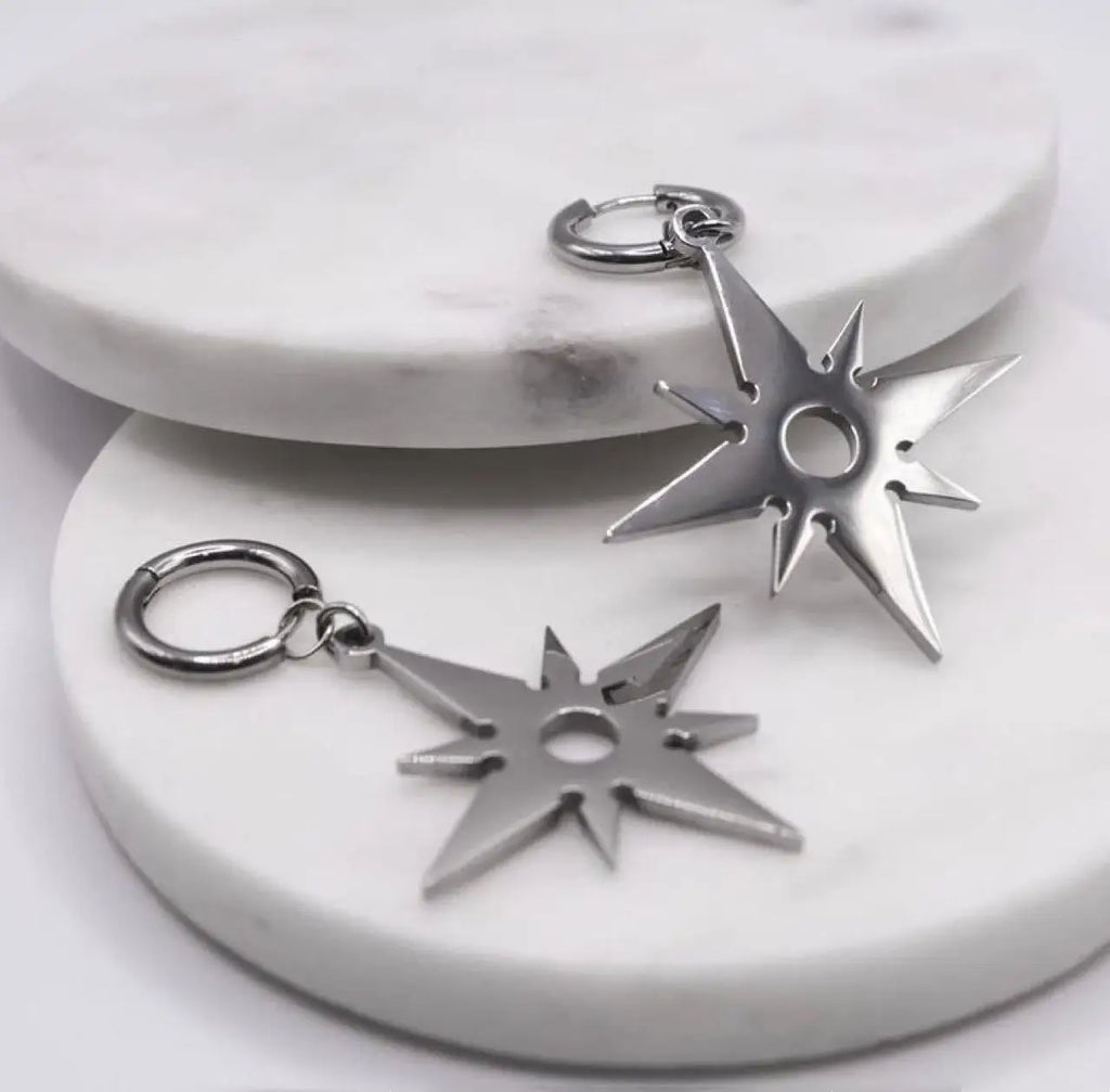Silver Starlight Flame Dangle Earrings — Stainless Steel