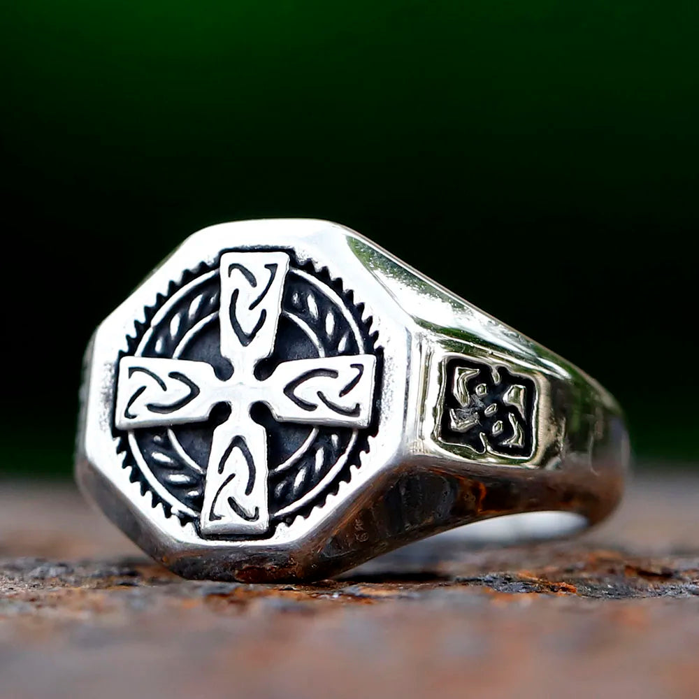 Celtic Cross Knotwork Octagon Signet Ring for Men