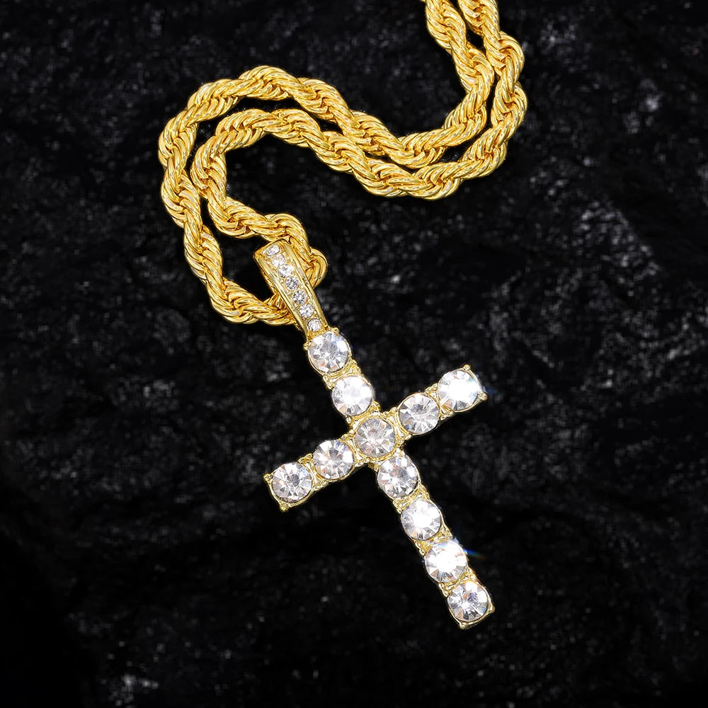 Men Hip Hop Cross Pendant Necklace with 4mm Zircon Tennis Chain Iced out Bling Chain Necklaces Punk Jewelry Fashion Women Gift