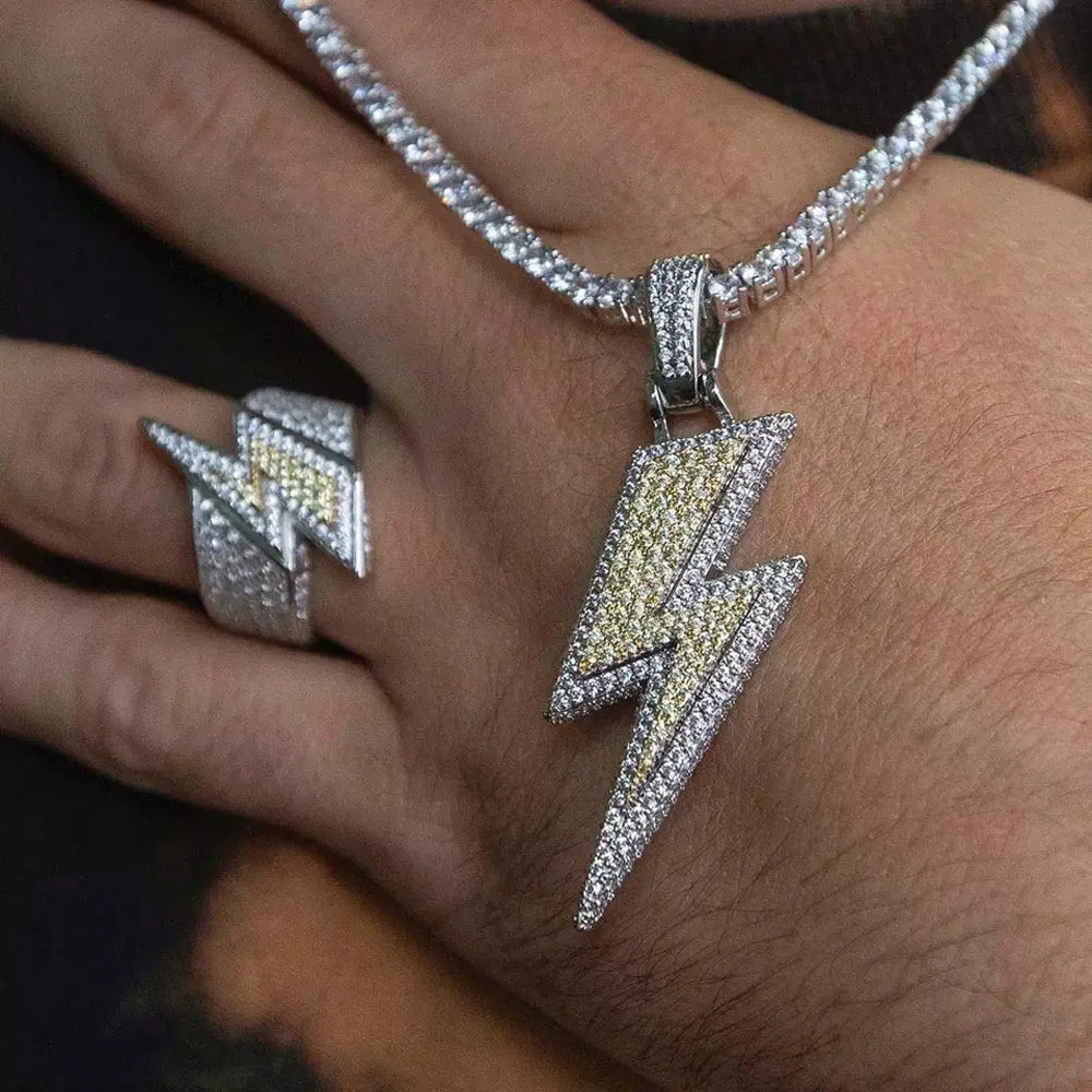Iced Out Lightning Bolt Ring Cubic Zirconia — Two-Tone