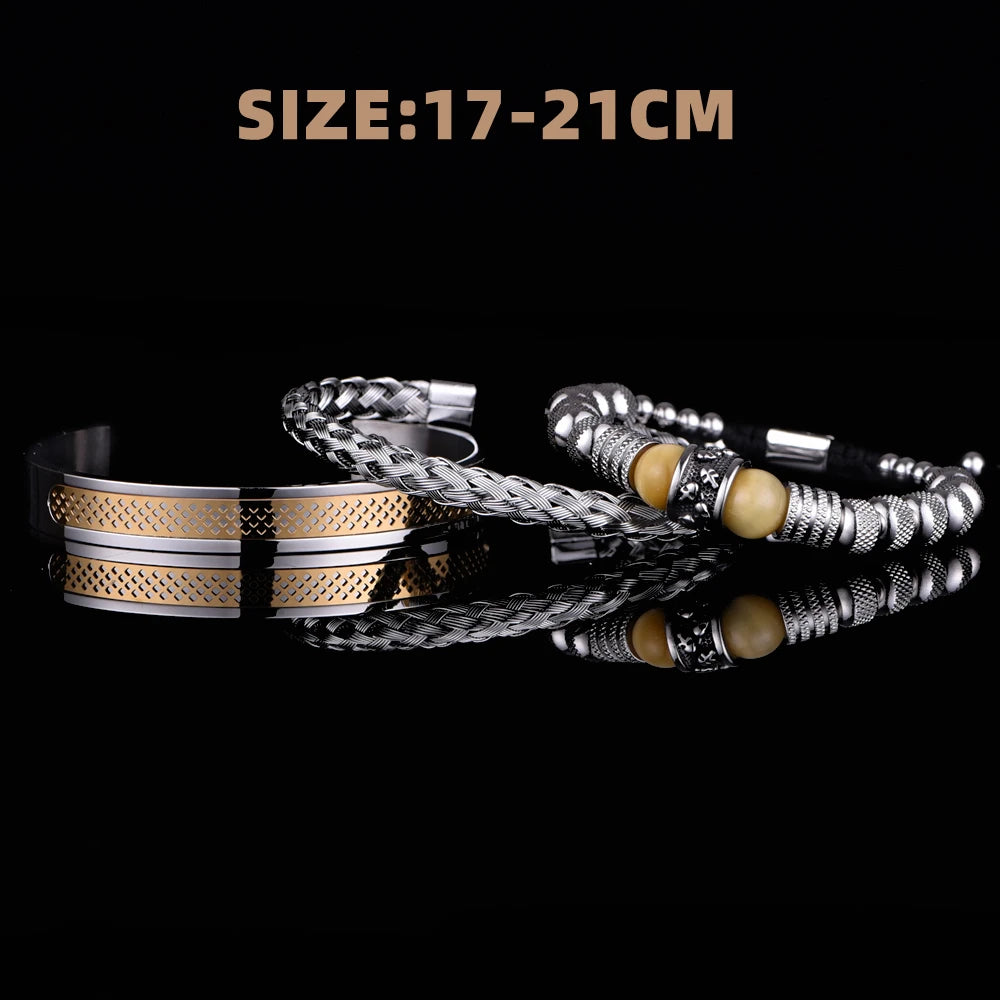 3pcs Set Men Bracelet Stainless Steel Rope Bangles Men Skull Bracelets with Tigereye Natural Stone Gift Accessories