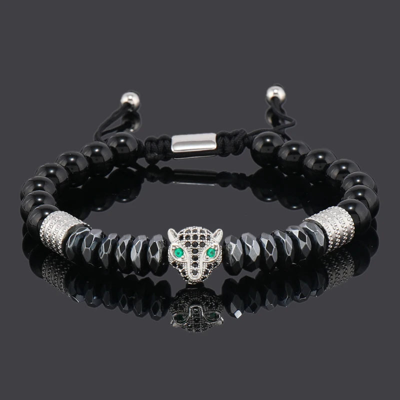Luxury Black Natural Stone Beads Skull Crown Leopard Head Charms Man Bracelet For Women Hand Jewelry Gift
