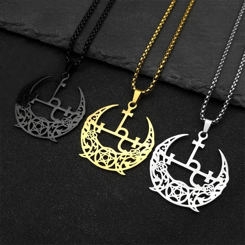 Star Demon Gold Pendant Wicca Triple Moon Crescent
