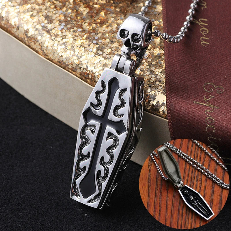 Silver Skull Coffin Pendant Necklace Box Chain