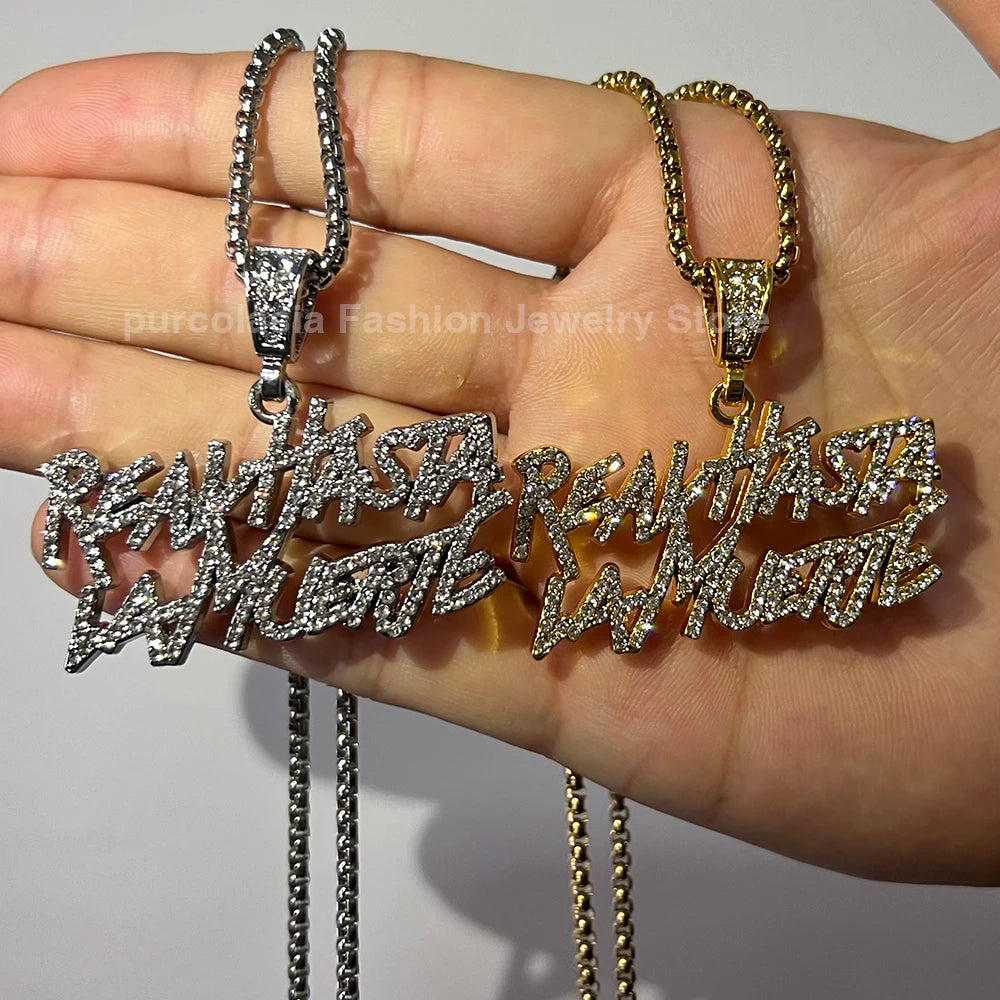 Hip Hop Street Style realhasta lamuerte Letter Bling Pendant Necklace 4mm Bling chain Iced out Bling For Rapper Cool Jewelry