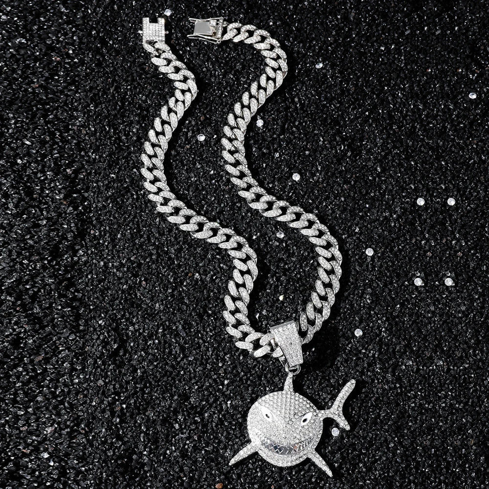 Big Size Shark Pendant Necklace For Men Hip Hop Bling Jewelry With 13mm Iced Out Rhinestone Miami Cuban Chain Fashion