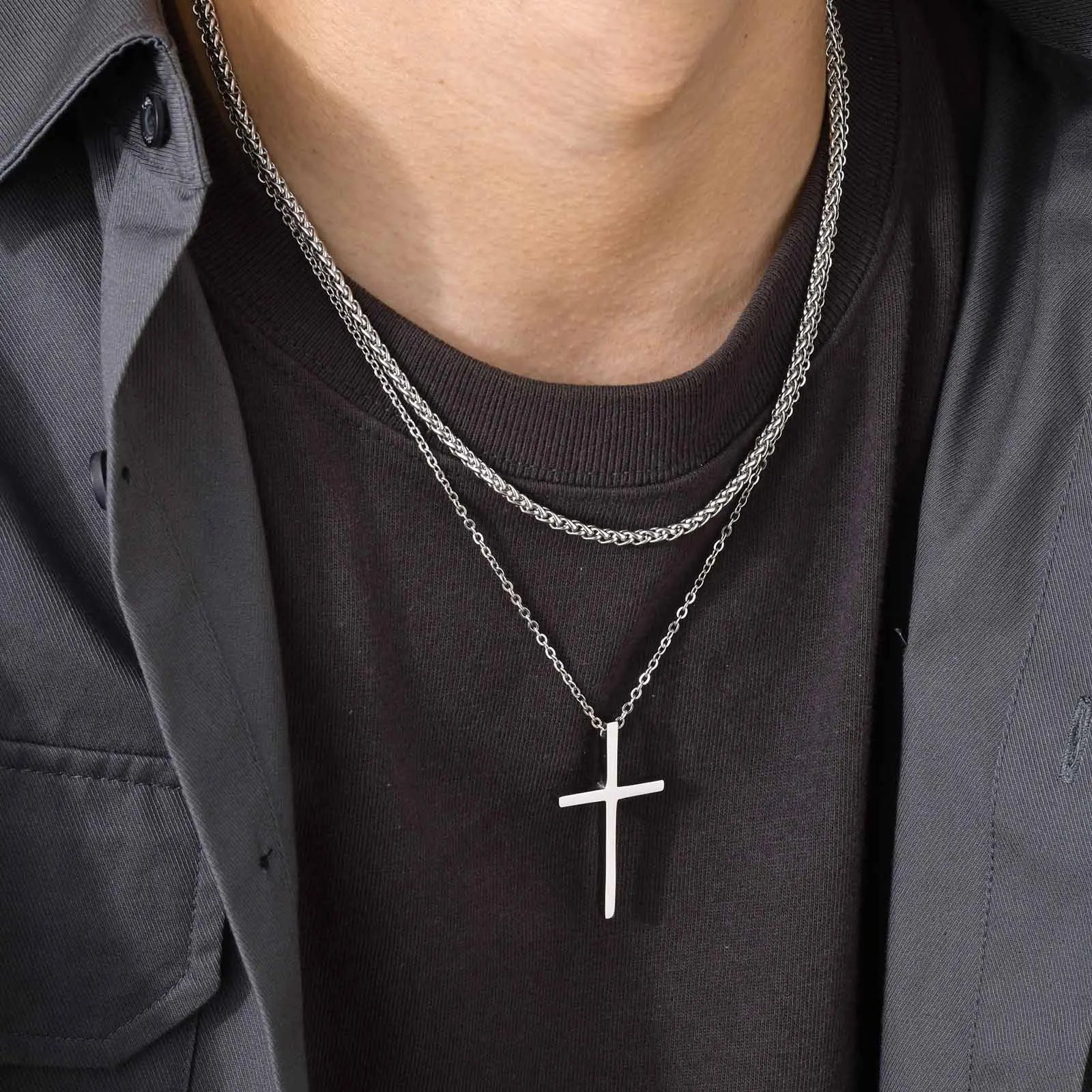 Layered Cross Pendant Set — Stainless Steel