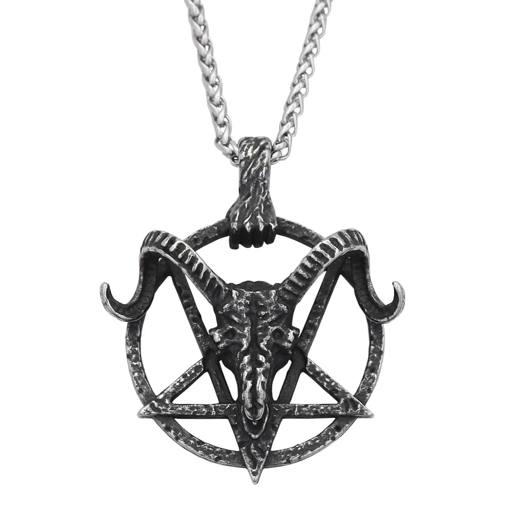 Gothic Punk Demon Sheep Skull Pendant Stainless Steel Pentagram Necklace For Men Women Unique Amulet Jewelry Gift