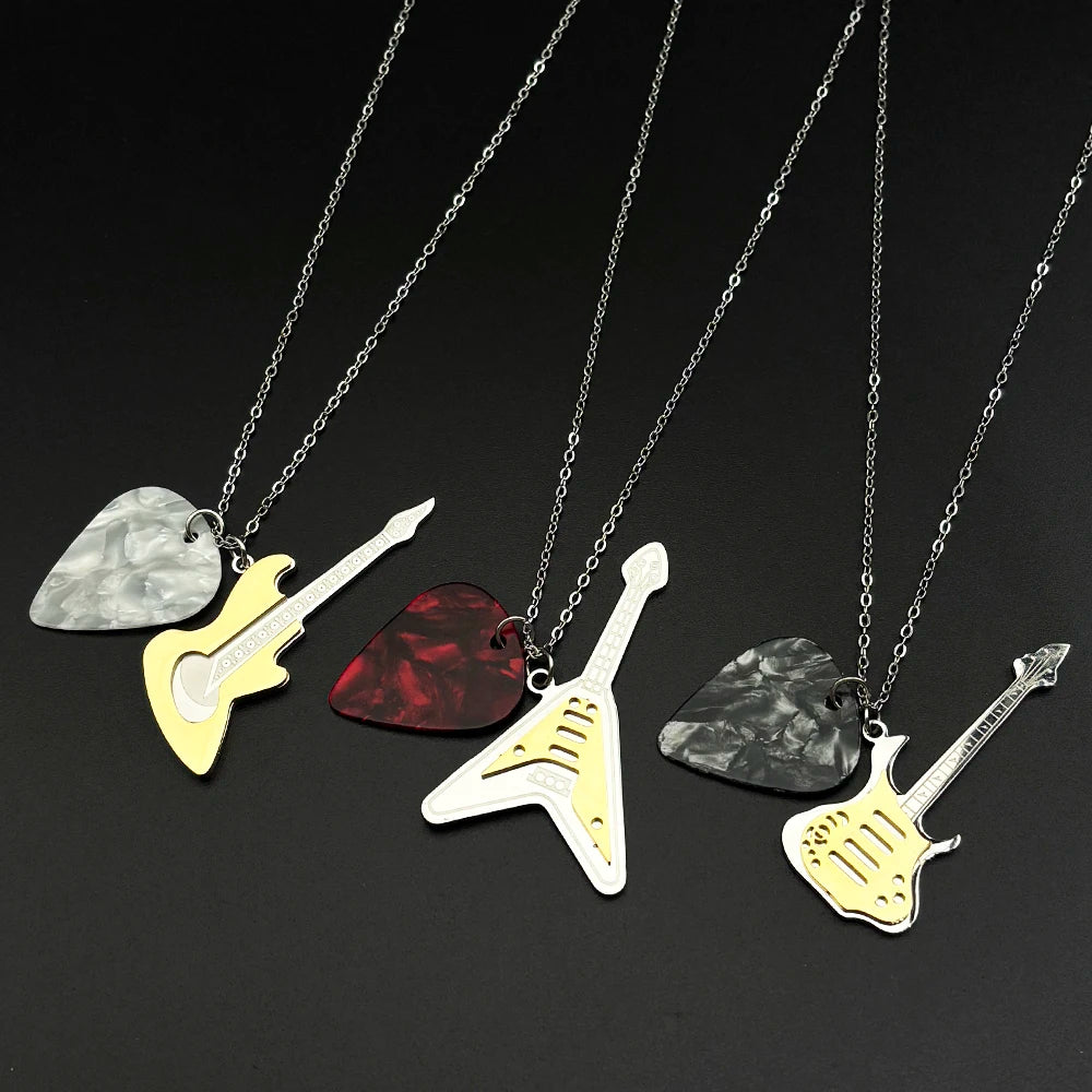 Rock Roll Electric Guitar Pick Necklace For Men Women Stainless Steel Music Lover Gift Hiphop Band Chain Rapper Jewelry