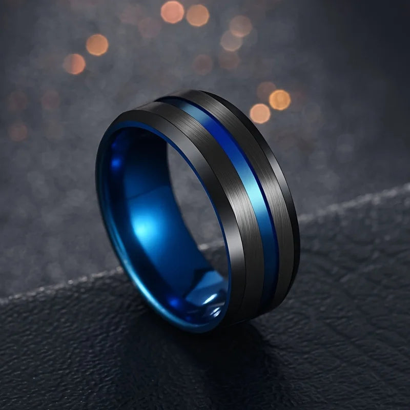 Fashion Men's Stainless Steel Rings 8mm Classical Black Blue Groove Beveled Edge Wedding Engagement Anniversary Jewelry