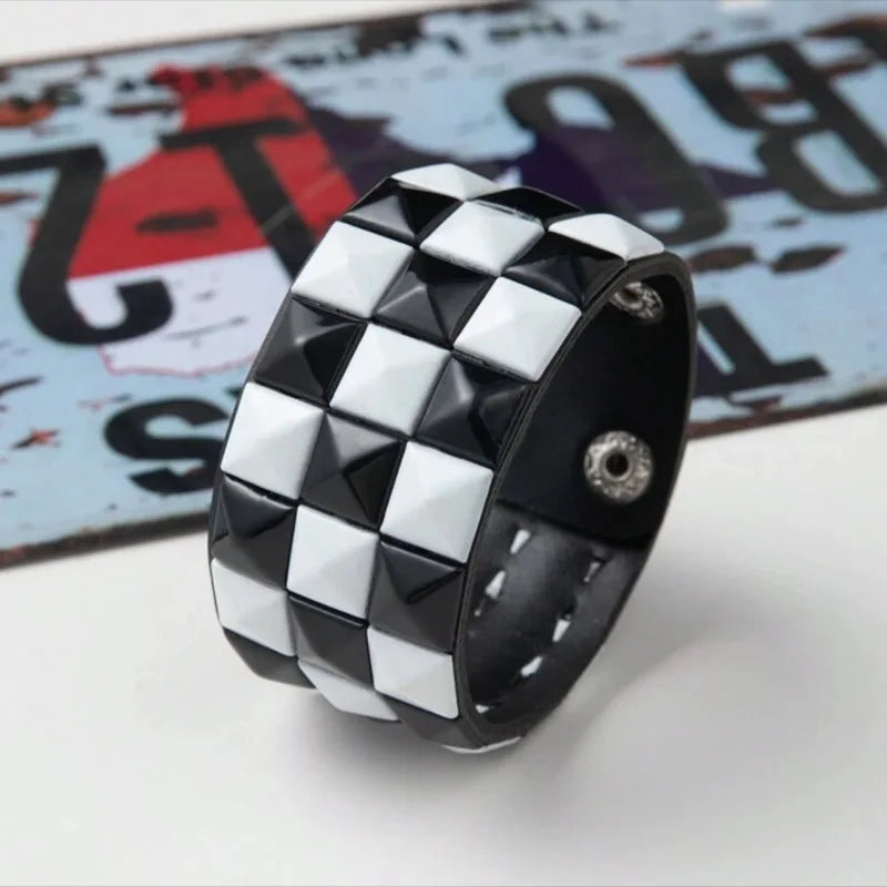 Punk Personality Simplicity Geometry Retro Black and white Square rivets Leather Stainless steel Hand bracelet Wristband