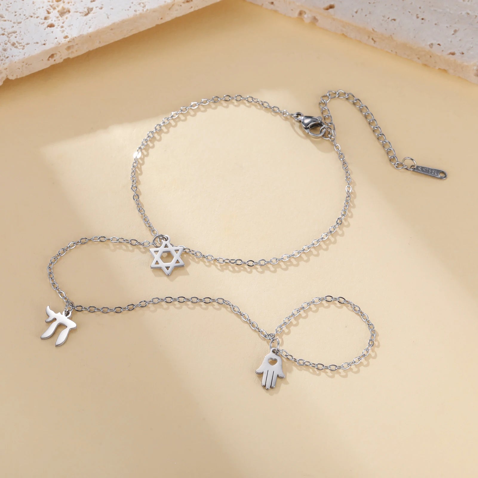 Chai Hexagram Charms Bracelet Finger Ring Fatima Hamasa Hand Pendants Stainless Steel Adjustable Chain Lucky Jewelry Amulet Gift