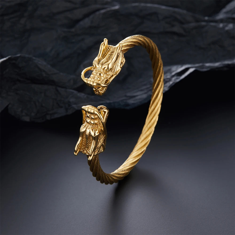 Double Dragon Tip Twisted Wire Cuff Bracelet — Stainless Steel