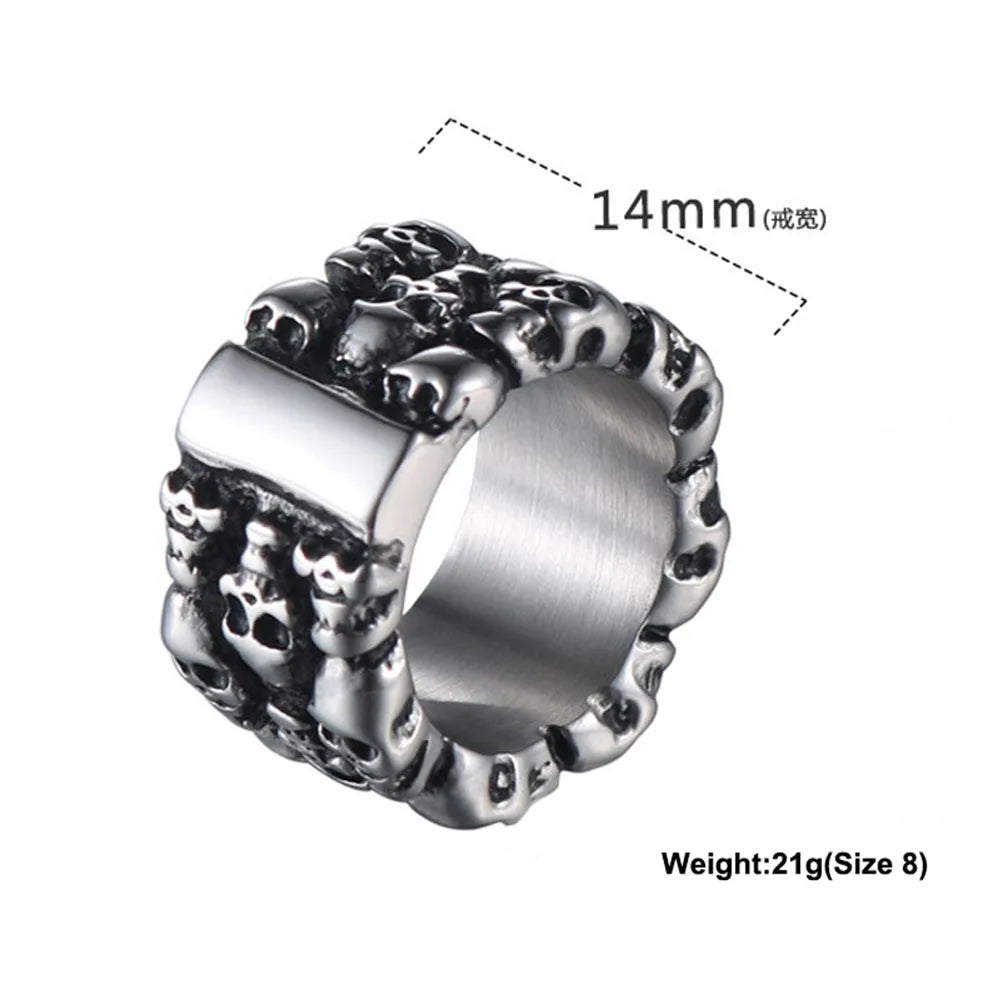 8/9/10/11/12/13# Stainless Steel Men Skull Ring Ancient Punk Skeleton Crossbones Waterproof Not Fading Male Finger