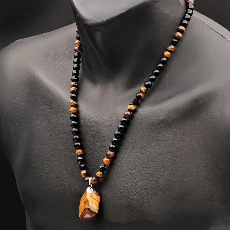 Black Tiger Eye Beaded Pendant Necklace