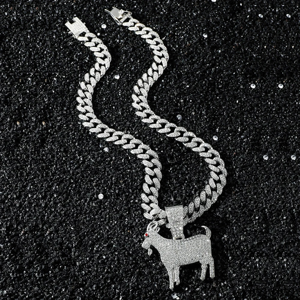 Men Hip Hop Fashion Full Rhinestone Animal Goat Pendant Necklace with 13mm Miami Cuban Chain Necklaces Rapper Rock