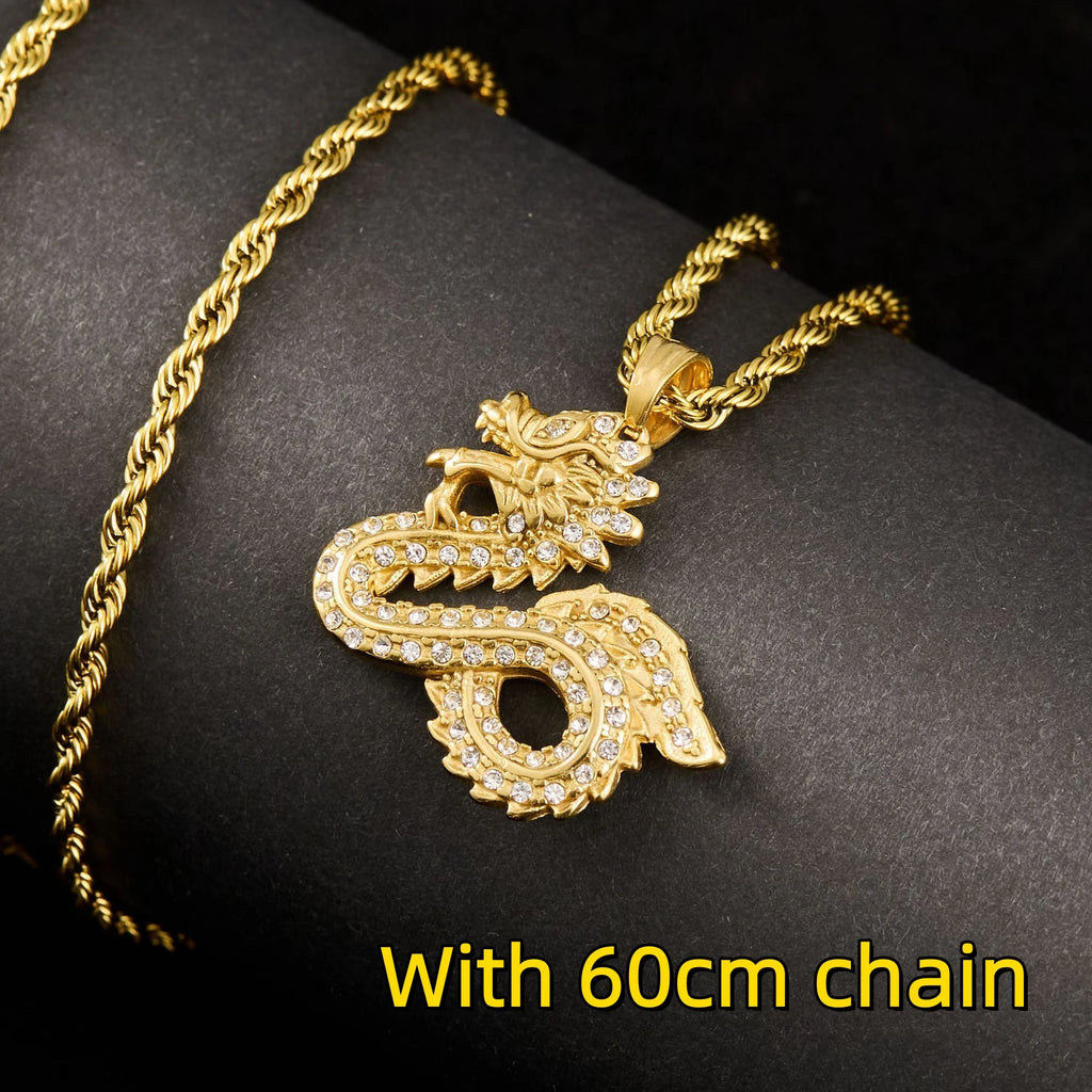 Dragon Rhinestone Pendant Necklace — Stainless Steel