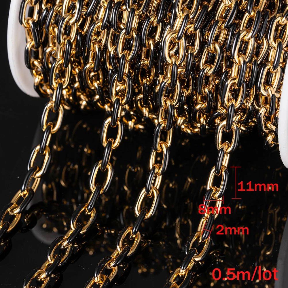 0.5m/1m Gold Plated Stainless Steel Black Enamel Paperclip Link Chain for DIY Punk Choker Necklace Jewelry Craft Making Decor