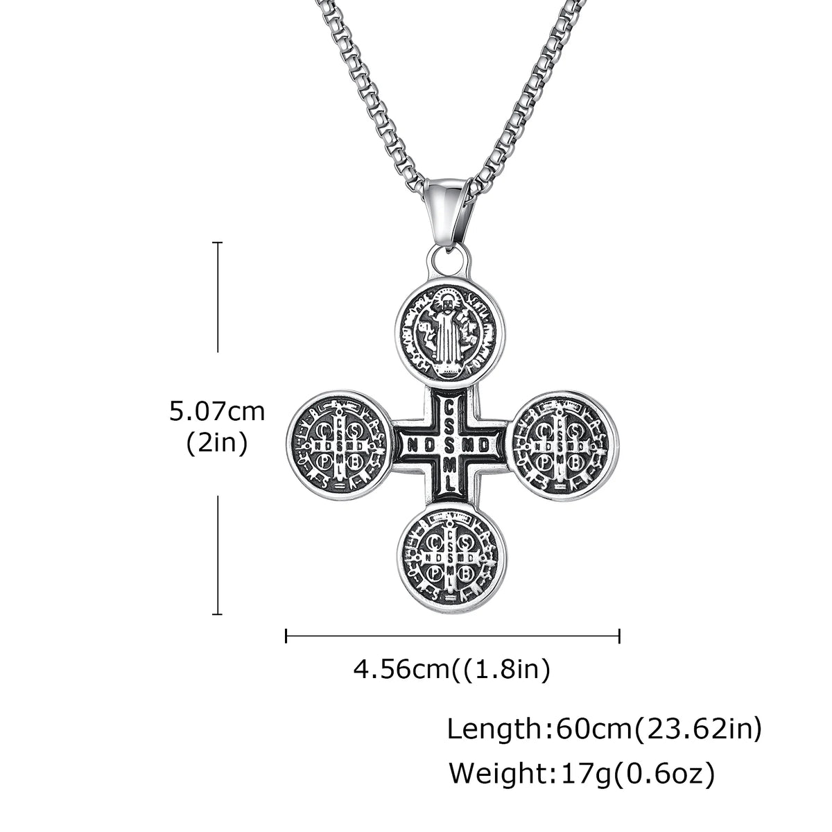 Saint Benedict Cross Medal Necklace — Silver, Stainless Steel