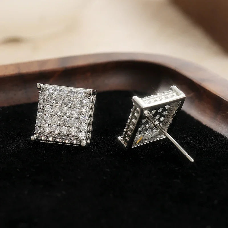 Fashion Women Men Stud Earrings Classic Square Shaped Ear Stud Piercing Sparkling Cubic Zircon Temperament Jewelry